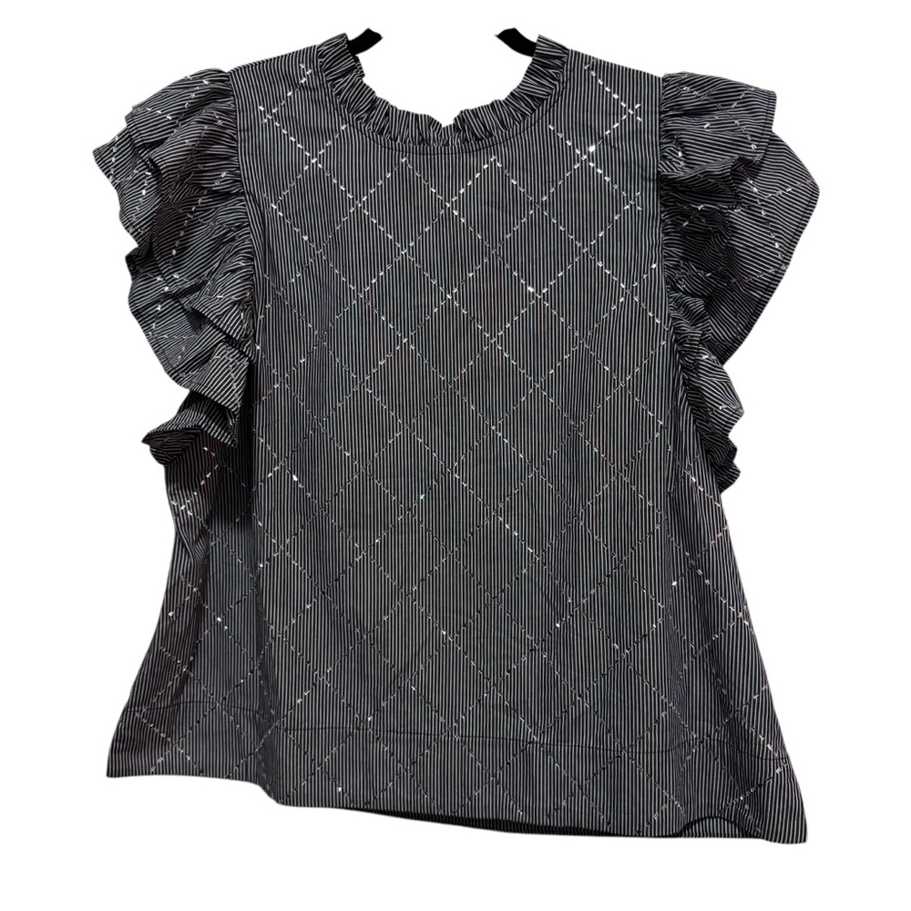 JODIFL Black / White Stripe Ruffled Sleeveless Blouse with sparkle design - Picture 10 of 16